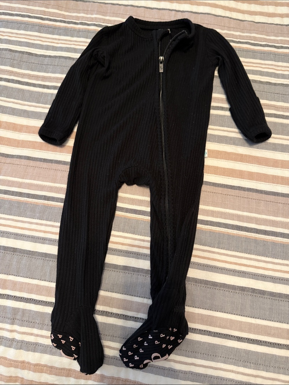 Posh Peanut Black Ribbed Footed One-Piece Zipper Pajama